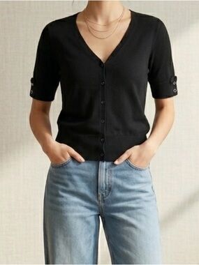 Jacob Black V-Neck Short Sleeve Cardigan Small Button Sleeve Trim Vacation